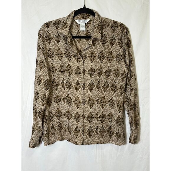 Petite Sophisticate Women's Vintage Brown Diamond Patterned Silk Blouse Size 12 - Picture 1 of 3